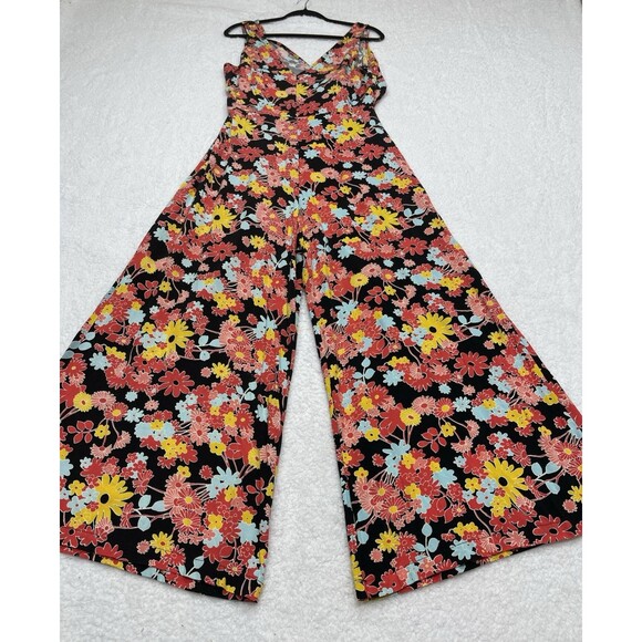 Modcloth Jumpsuit Women Red Floral Wide Leg Strappy Boho Retro Vacay Size Large